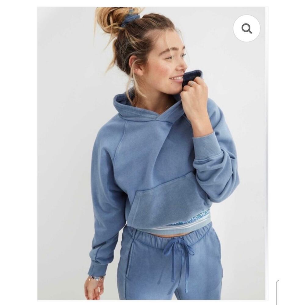 Aerie luxe inside out cropped hoodie blue Small
